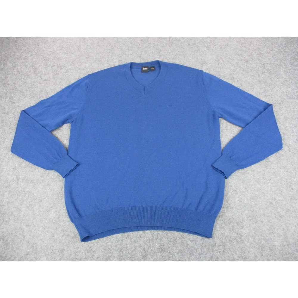 Hugo Boss Sweater Mens Large Blue V Neck Wool Blend Lightweight Sweatshirt